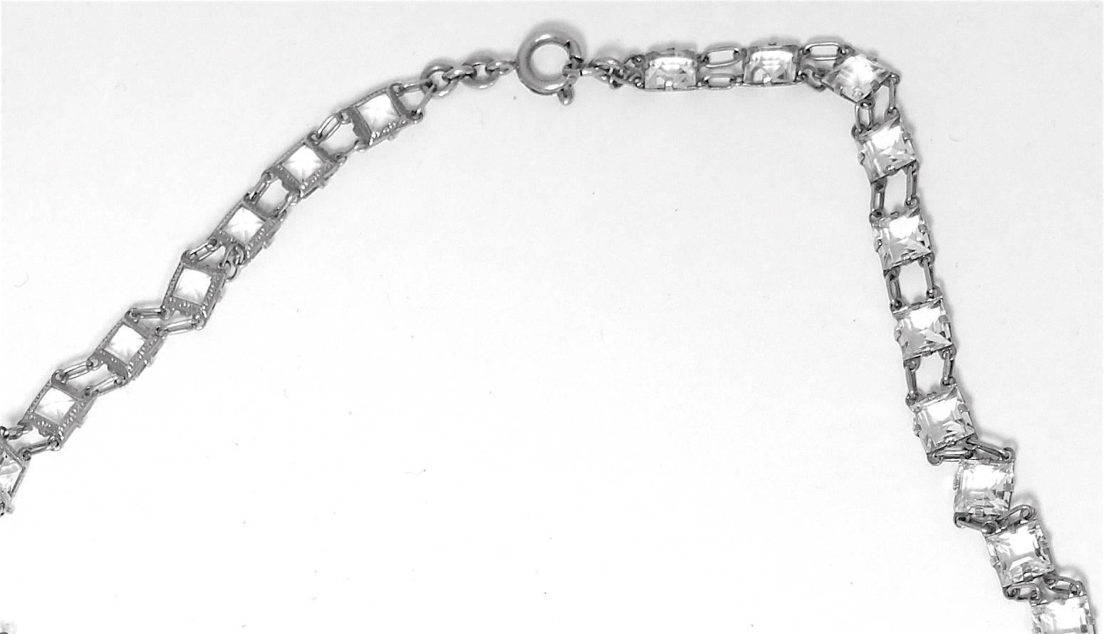 Women's Art Deco Vintage 1930s Open-Back Crystals & Sterling Silver Necklace  