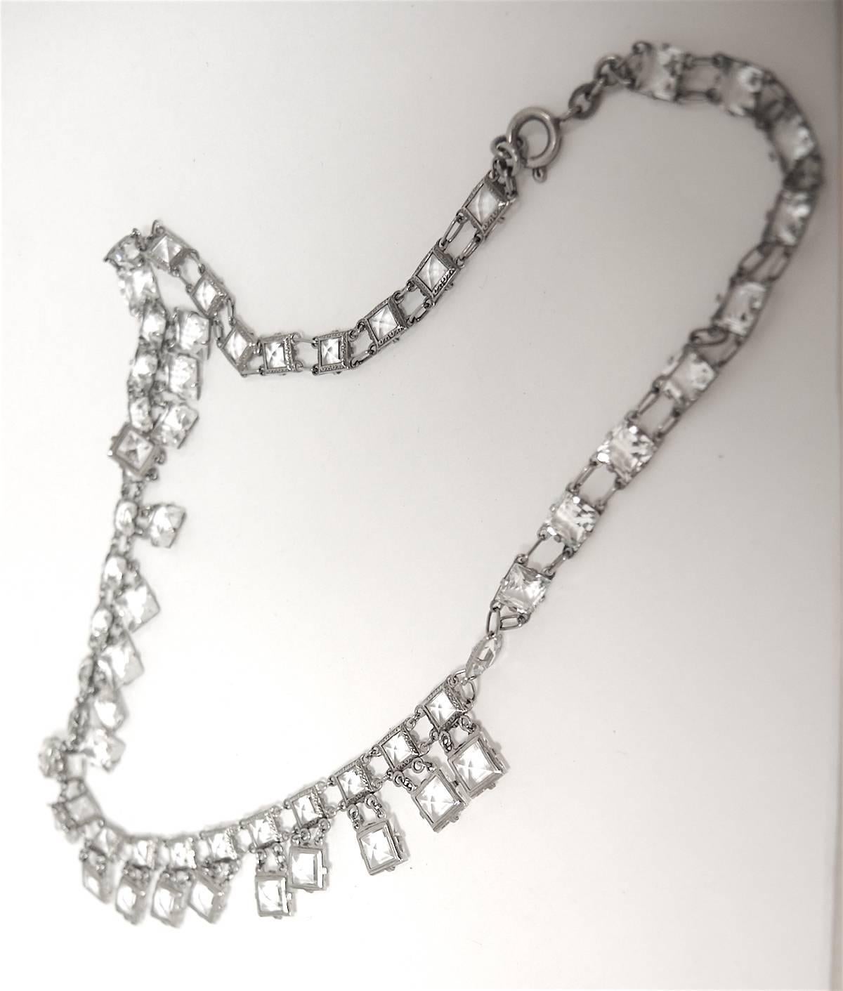 Art Deco Vintage 1930s Open-Back Crystals & Sterling Silver Necklace   1