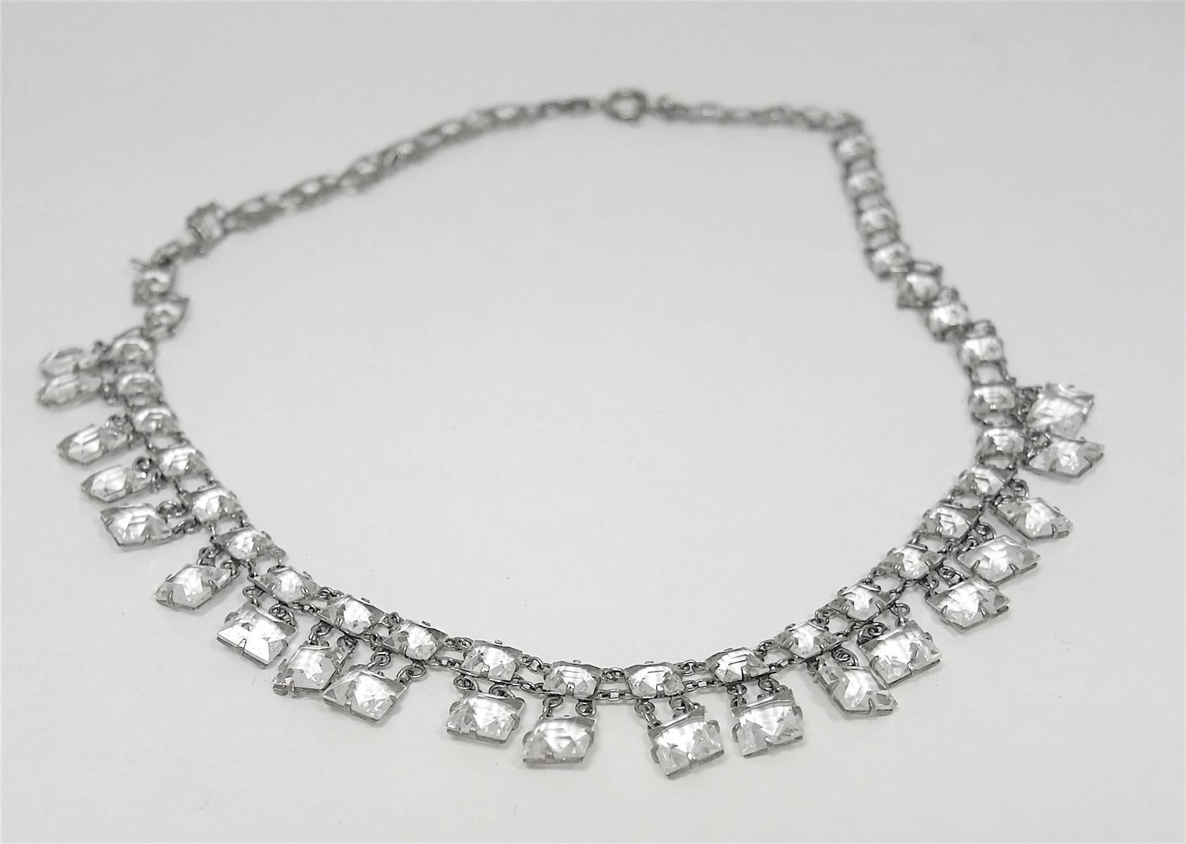 Art Deco Vintage 1930s Open-Back Crystals & Sterling Silver Necklace   In Excellent Condition In New York, NY