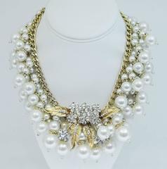 Designer Anka Massive One-Of-A-Kind Golden Leaf Faux Pearl Bib Necklace