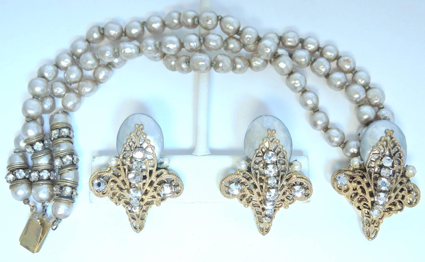 Women's Miriam Haskell Vintage Three Strand Faux Pearl Bracelet and Earrings Set