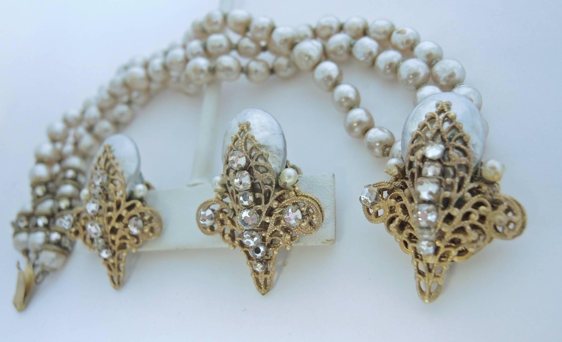 Miriam Haskell Vintage Three Strand Faux Pearl Bracelet and Earrings Set 1