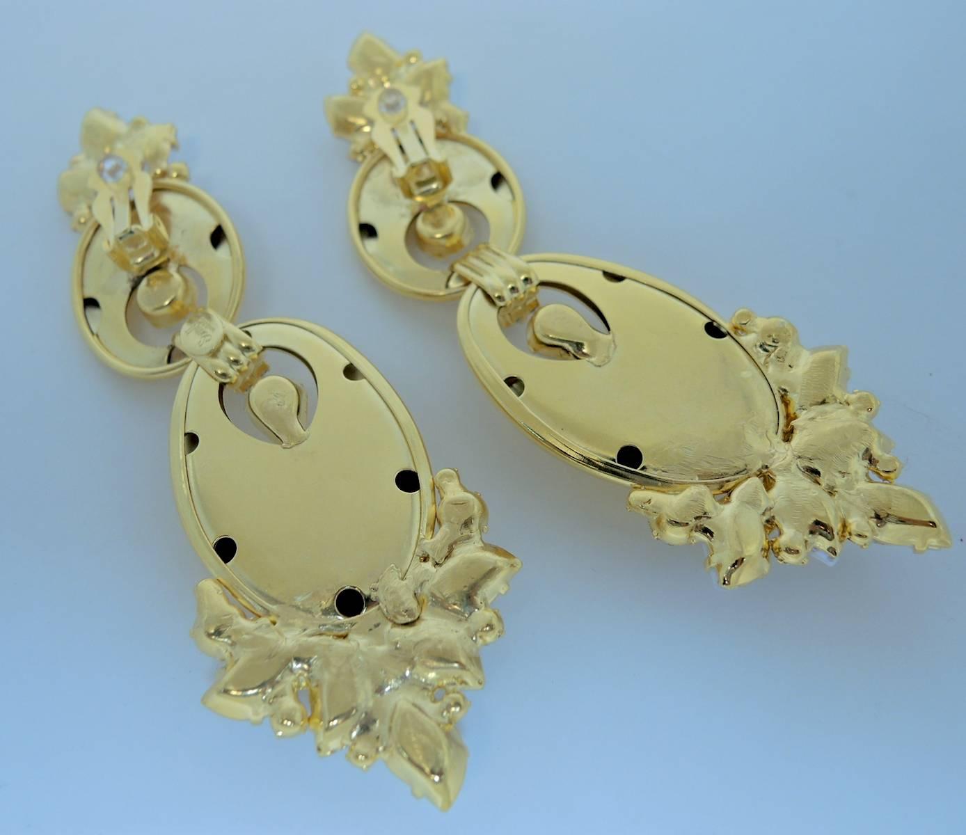 Robert Sorrell One-Of-A-Kind Golden Disc Leaf Long Crystal Statement Earrings In Excellent Condition In New York, NY