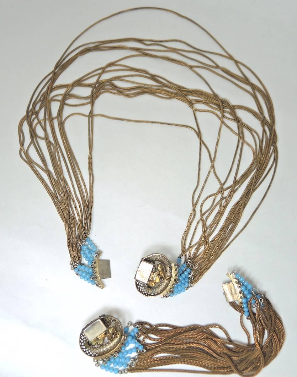 Victorian Fringed Faux Turquoise And Faux Pearl Necklace Set In Excellent Condition In New York, NY