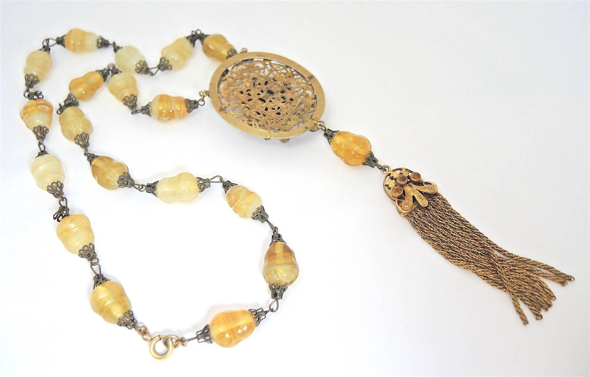 Women's or Men's Vintage 1930s Czech Yellow Poured Glass Necklac