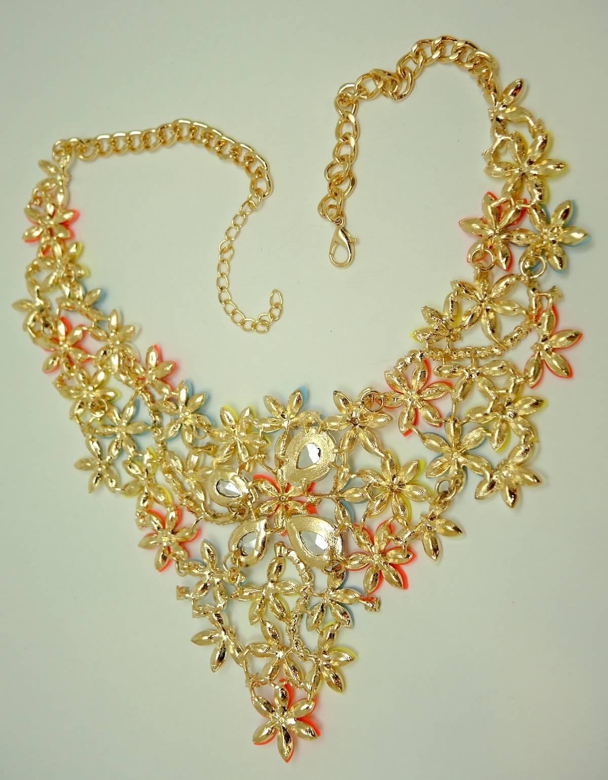 Multi-Color Floral & Rhinestone Statement Necklace In Excellent Condition In New York, NY