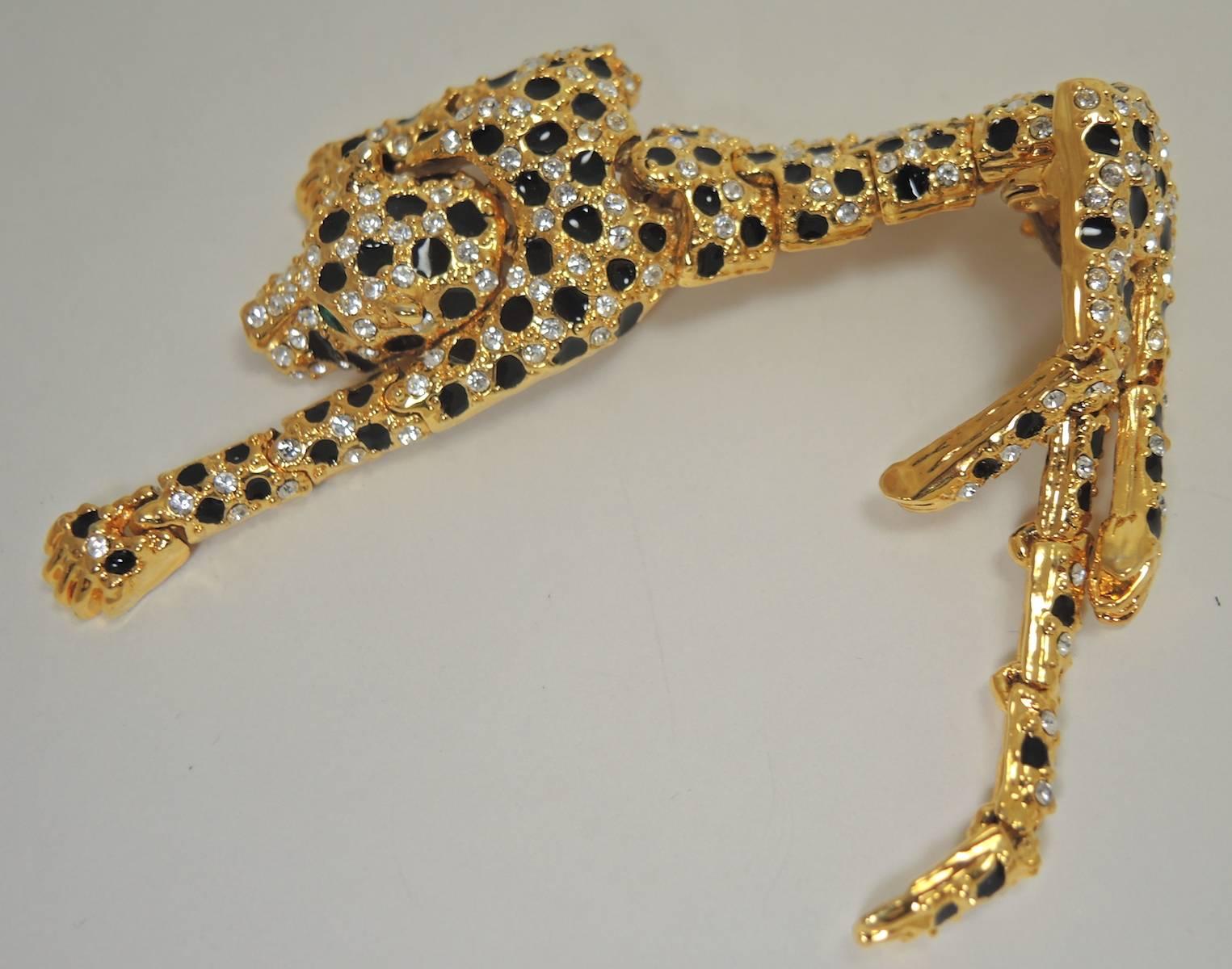 Women's or Men's Vintage Leopard Clear Rhinestone & Black Enamel Brooch