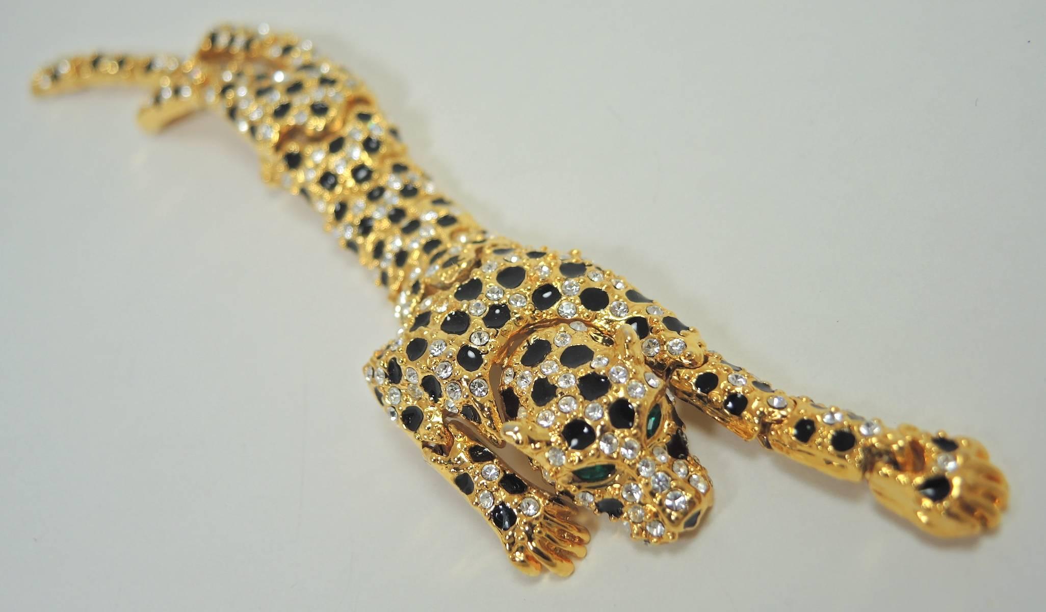 Vintage Leopard Clear Rhinestone & Black Enamel Brooch In Excellent Condition In New York, NY