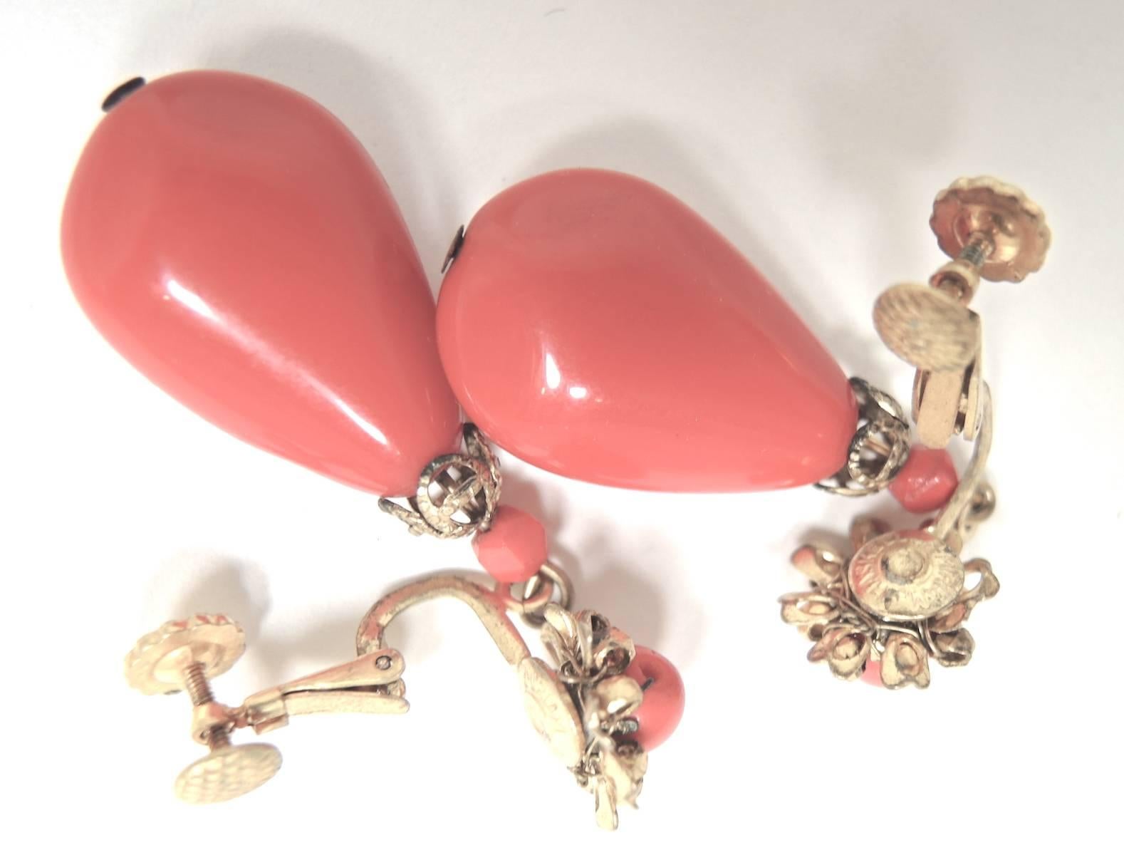 Vintage 1950s Signed Miriam Haskell Faux Coral Teardrop Clip Earrings 1