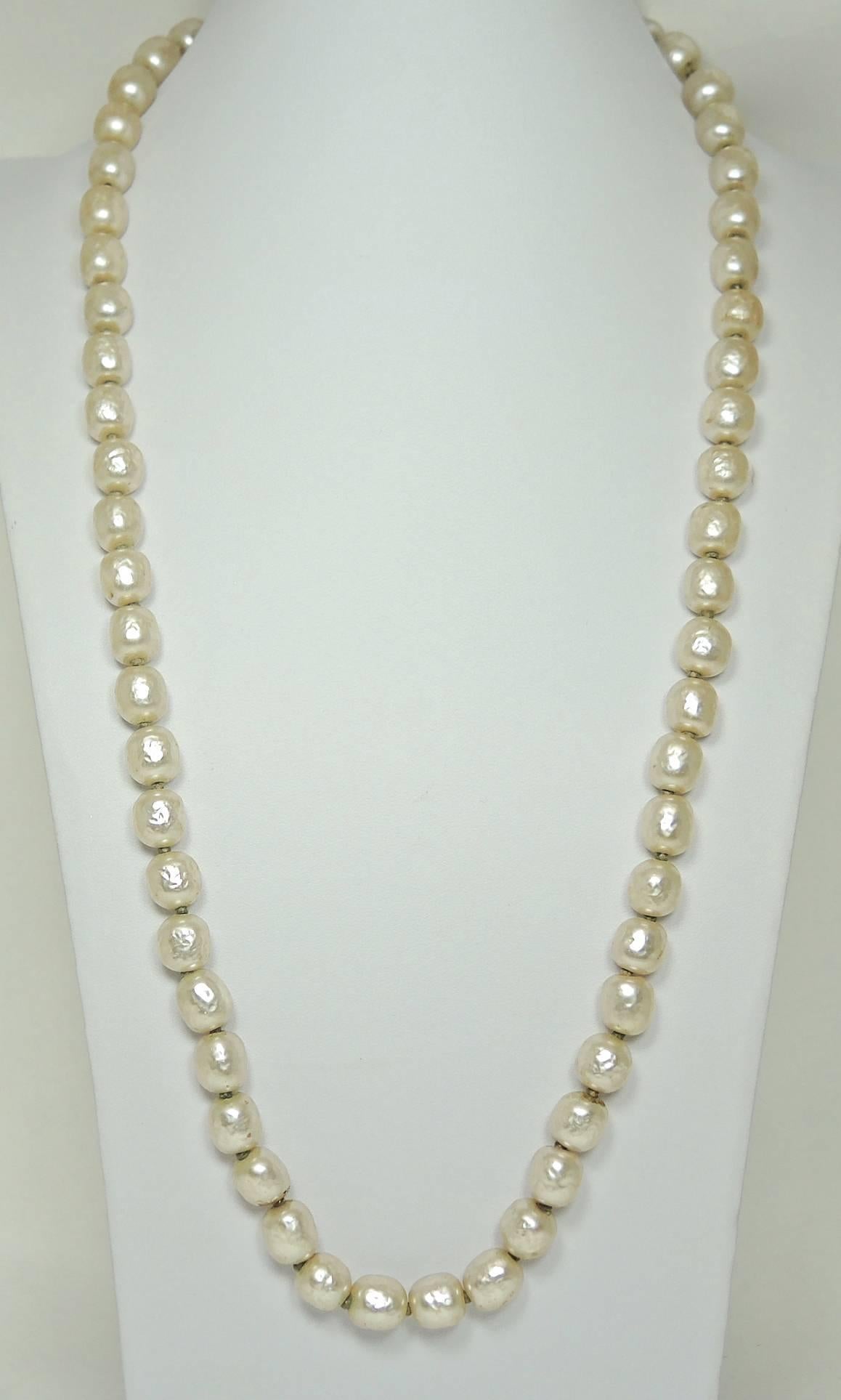 This Miriam Haskell, all original, necklace features a single strand of the most beautiful faux baroque pearls. They are lustrous and will make an amazing addition to your collection. They measure 27” x 1/4”. This necklace is in a gold tone setting