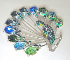 Vintage 1940s Important Blue And Green Rhinestone Peacock Brooch
