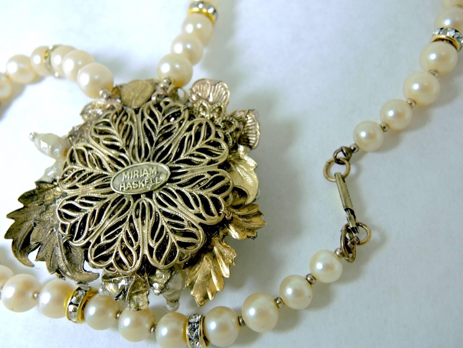 Women's Vintage 1950s Signed Miriam Haskell Floral Faux Pearl Necklace For Sale