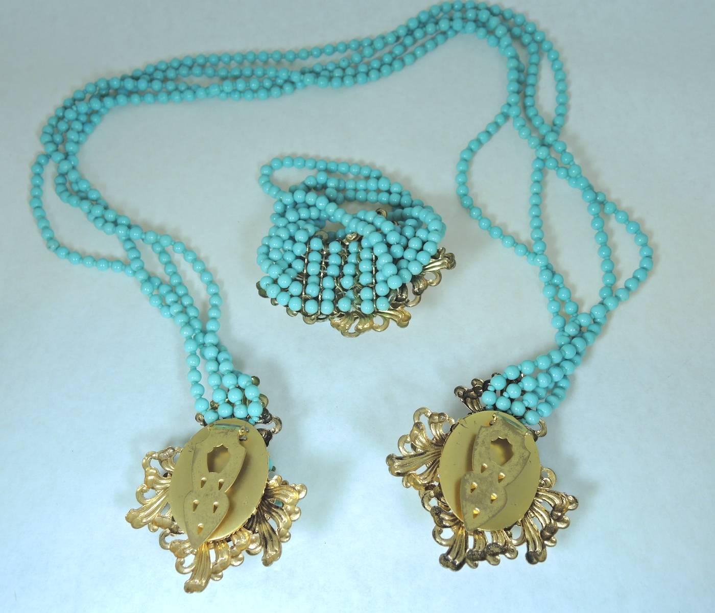 Vintage 1930s Early Miriam Haskell Faux Turquoise Lariat Necklace & Bracelet Set In Excellent Condition In New York, NY