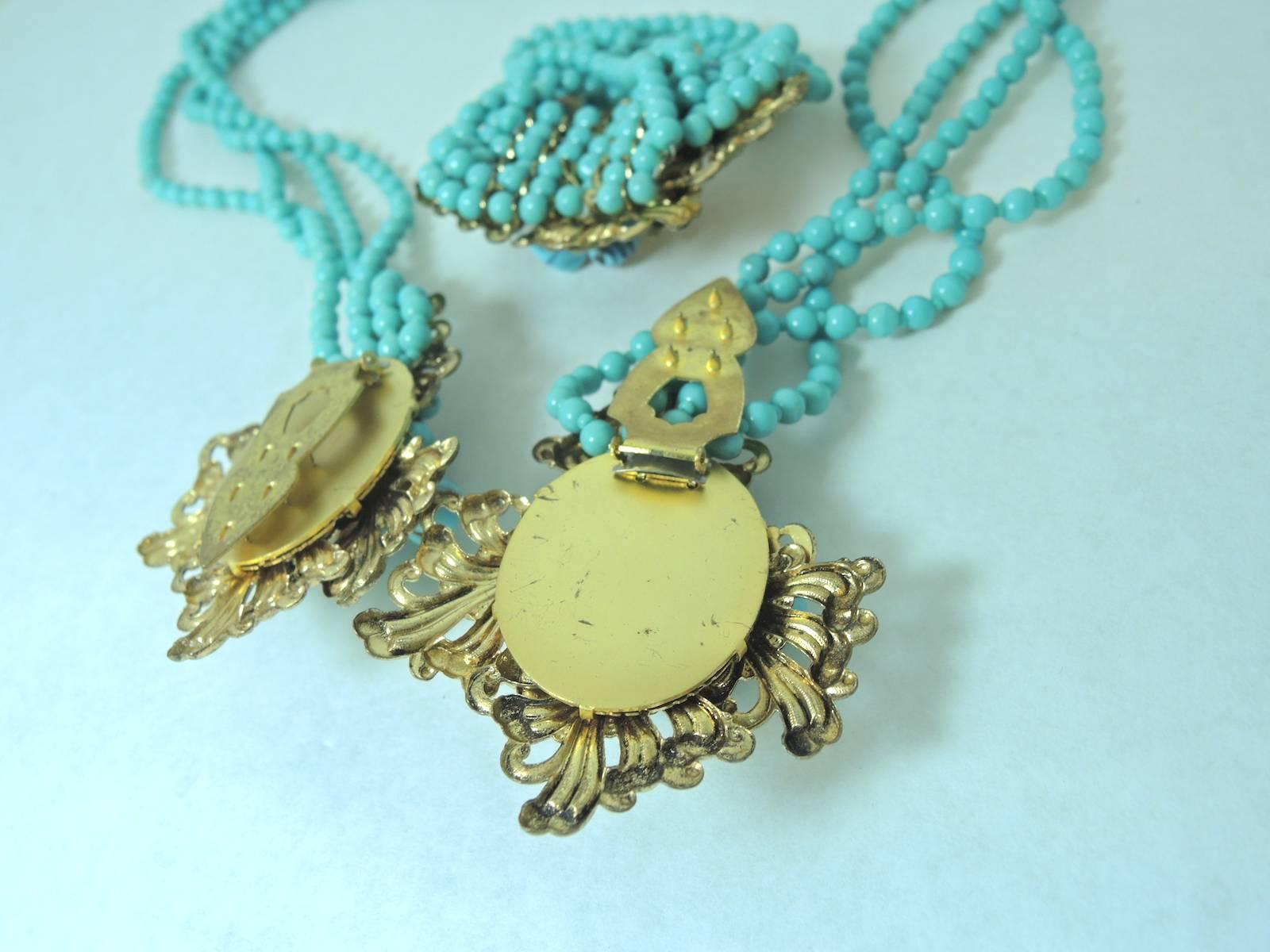 Women's Vintage 1930s Early Miriam Haskell Faux Turquoise Lariat Necklace & Bracelet Set