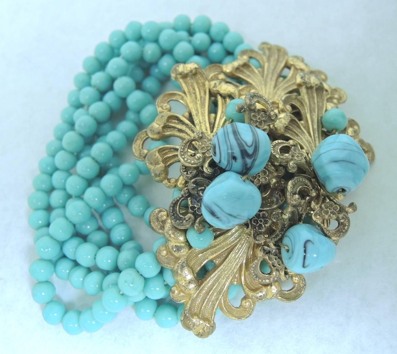 Vintage 1930s Early Miriam Haskell Faux Turquoise Lariat Necklace & Bracelet Set 1