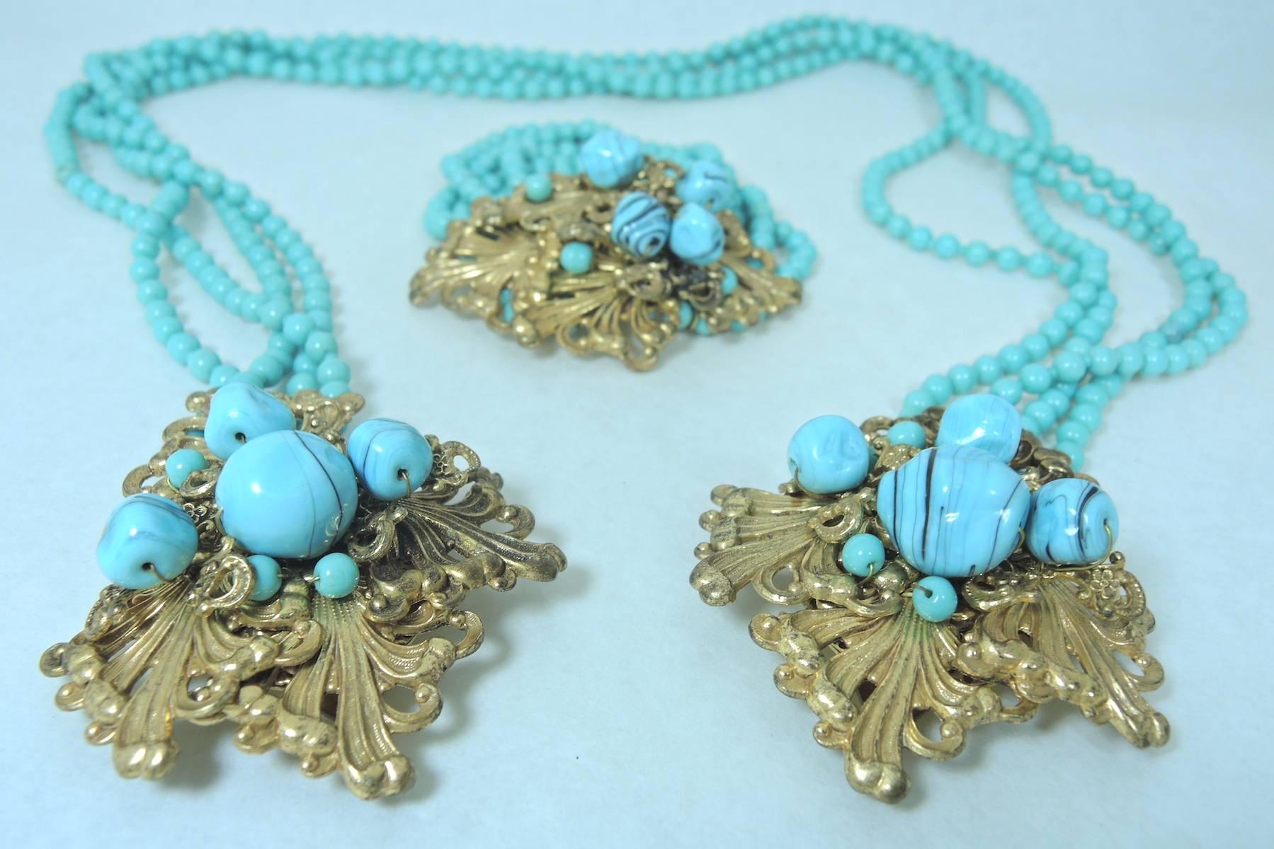 Vintage 1930s Early Miriam Haskell Faux Turquoise Lariat Necklace & Bracelet Set 2