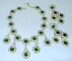 Signed Paco Rabanne Runway Mod Faux Emerald & Crystal Necklace & Earring Set