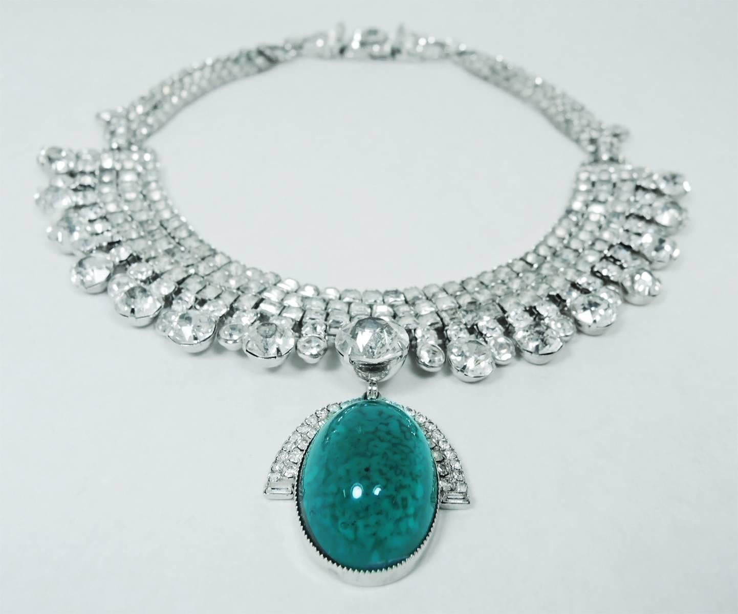 Vintage Robert Sorrell Green Cabochon & Crystal Necklace In Excellent Condition In New York, NY
