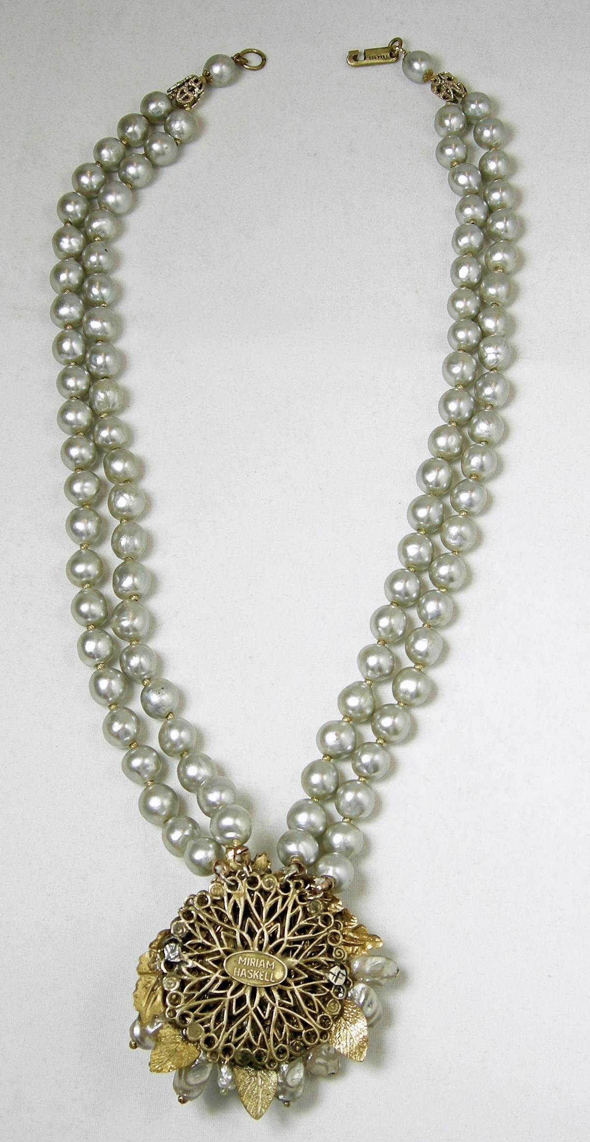 Vintage 1950s Signed Miriam Haskell Gray 2-Strand Faux Baroque Pearl Necklace 1