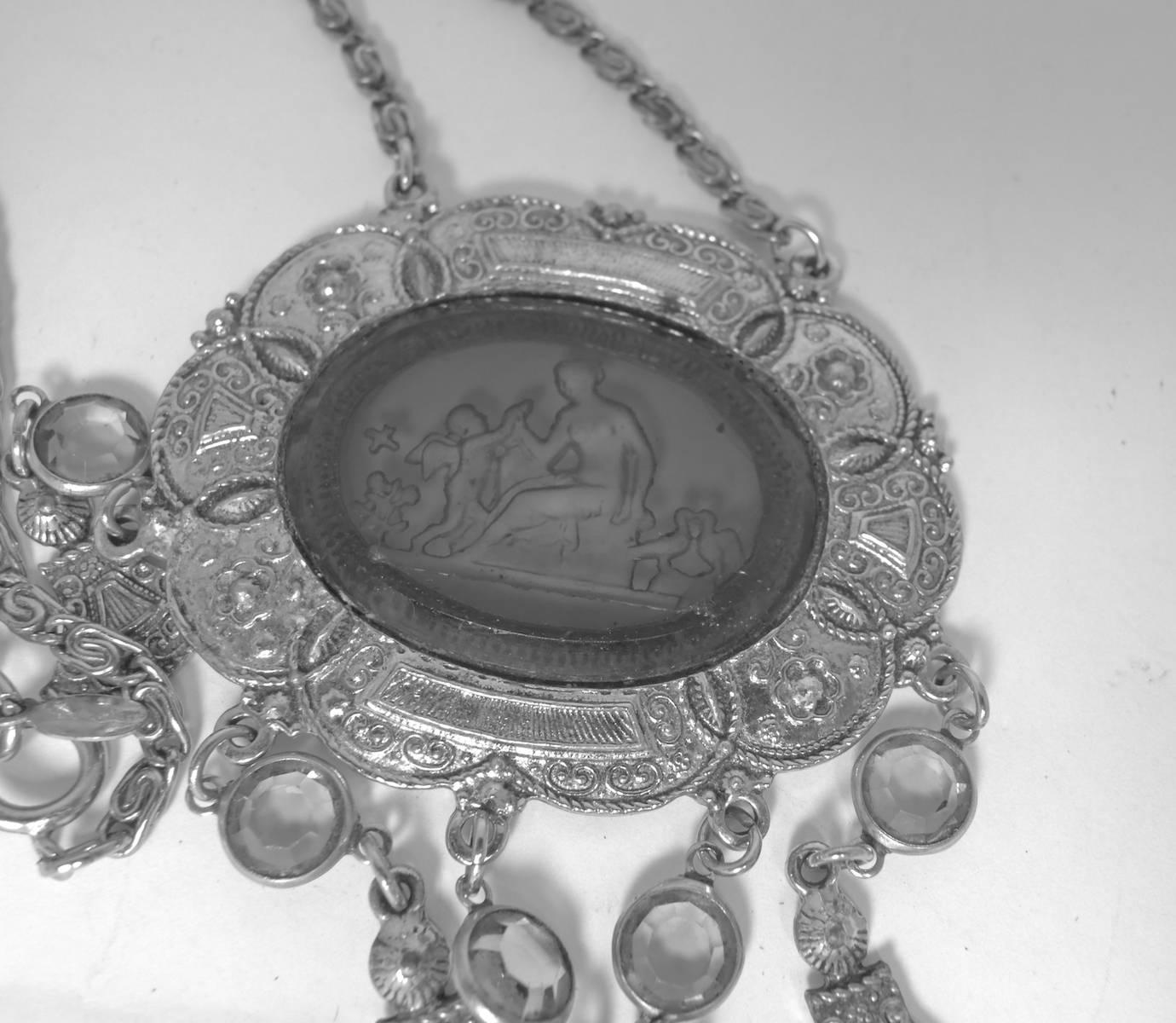 Vintage Rare Goldette Bezel Glass Crystal Angel Goddess Necklace In Excellent Condition In New York, NY