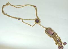 Vintage Goldette Cameo Faux Amethyst Chatelaine Necklace
