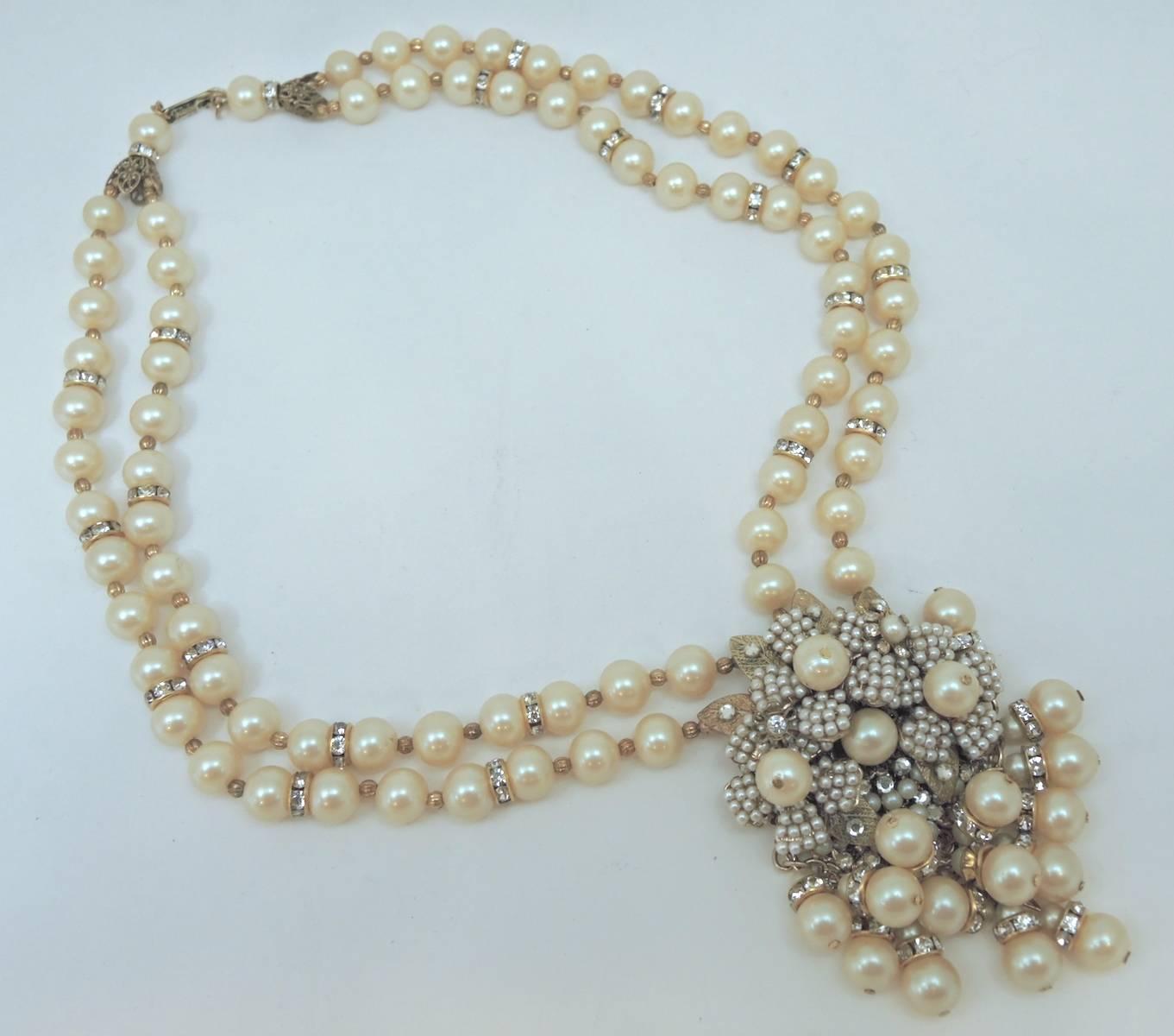 Women's Vintage Miriam Haskell Double Strand Floral Faux Pearl Necklace