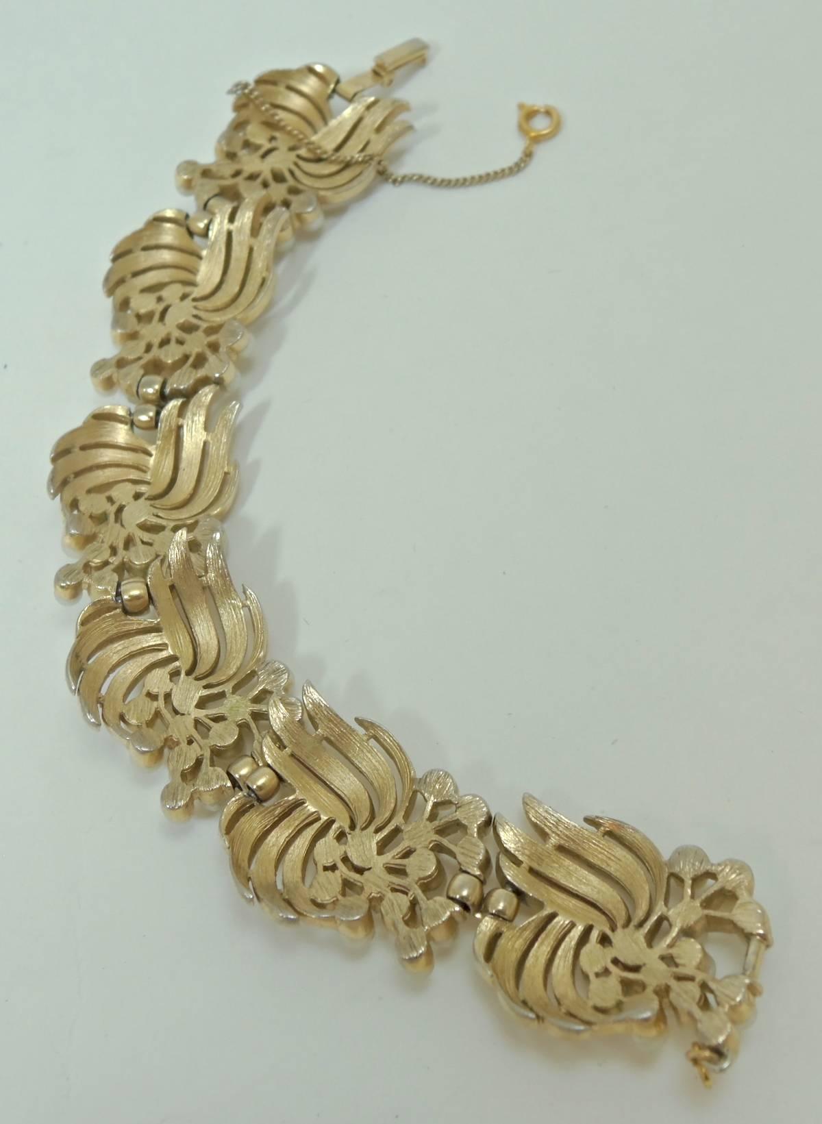 Vintage Wide Trifari Faux Gold Tone Faux Pearls Brace In Excellent Condition In New York, NY