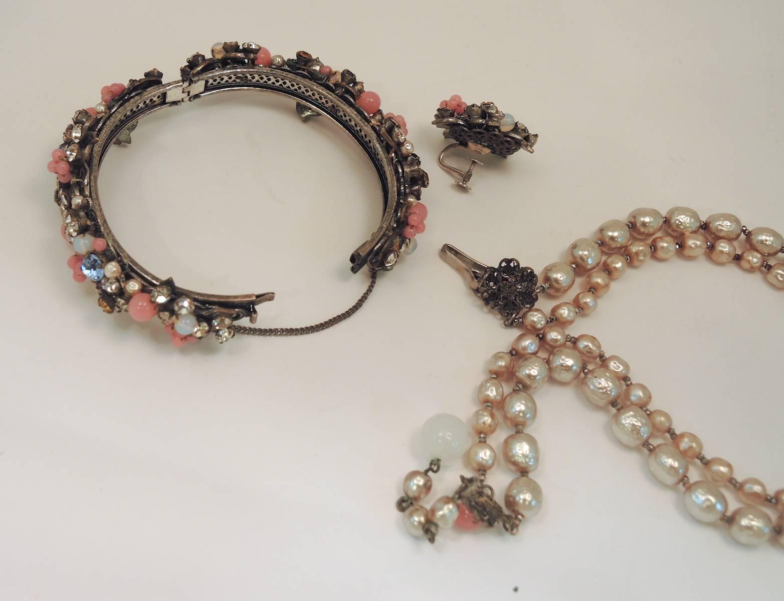 Women's Vintage Miriam Haskell 1940s Pink Floral & Faux Pearl Parure