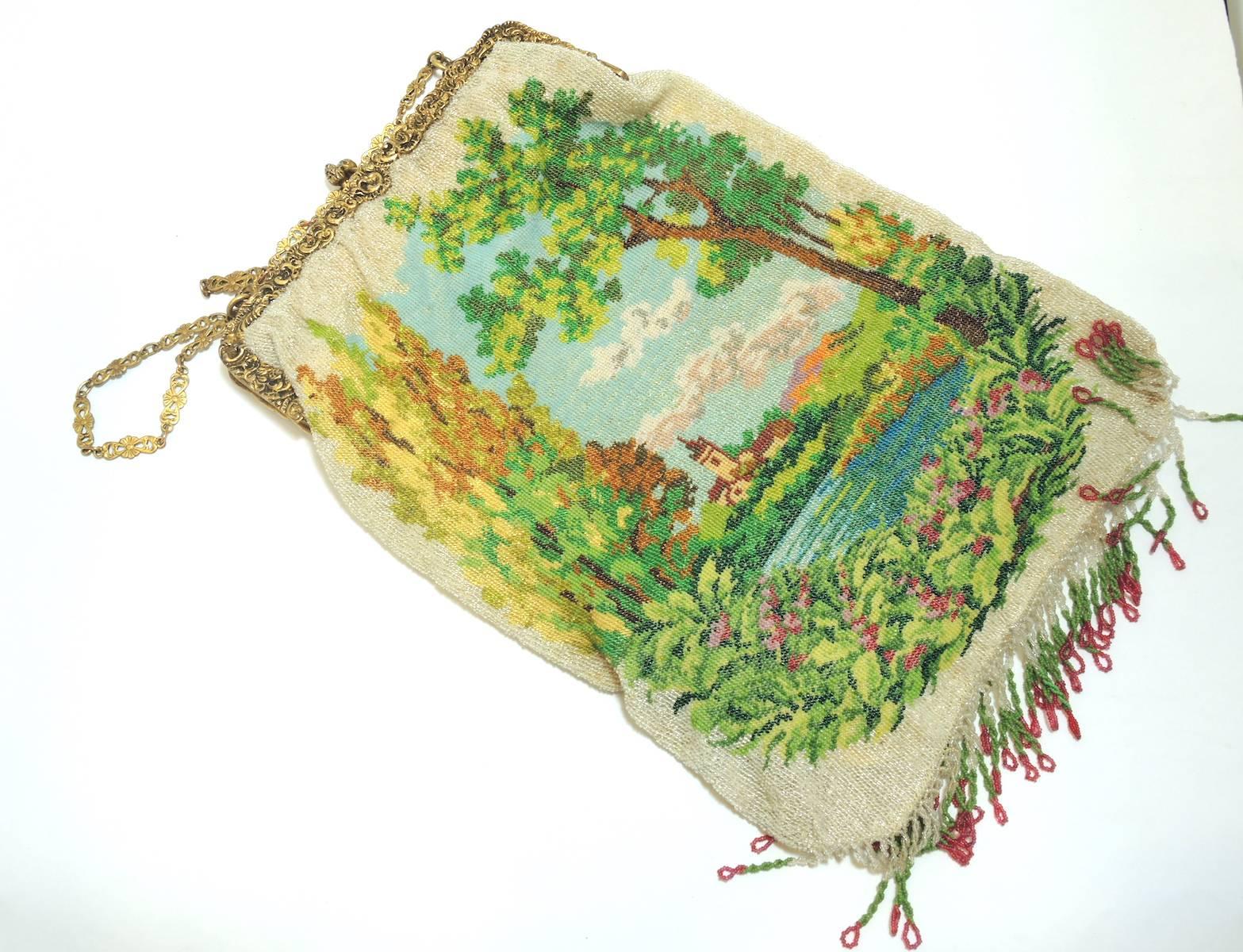 Women's 1910 Large Scenic Castle By The Lake Steel Bead Purse