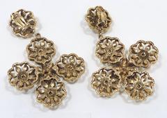 Dramatic Floral Rhinestone Dangling Clip Earrings