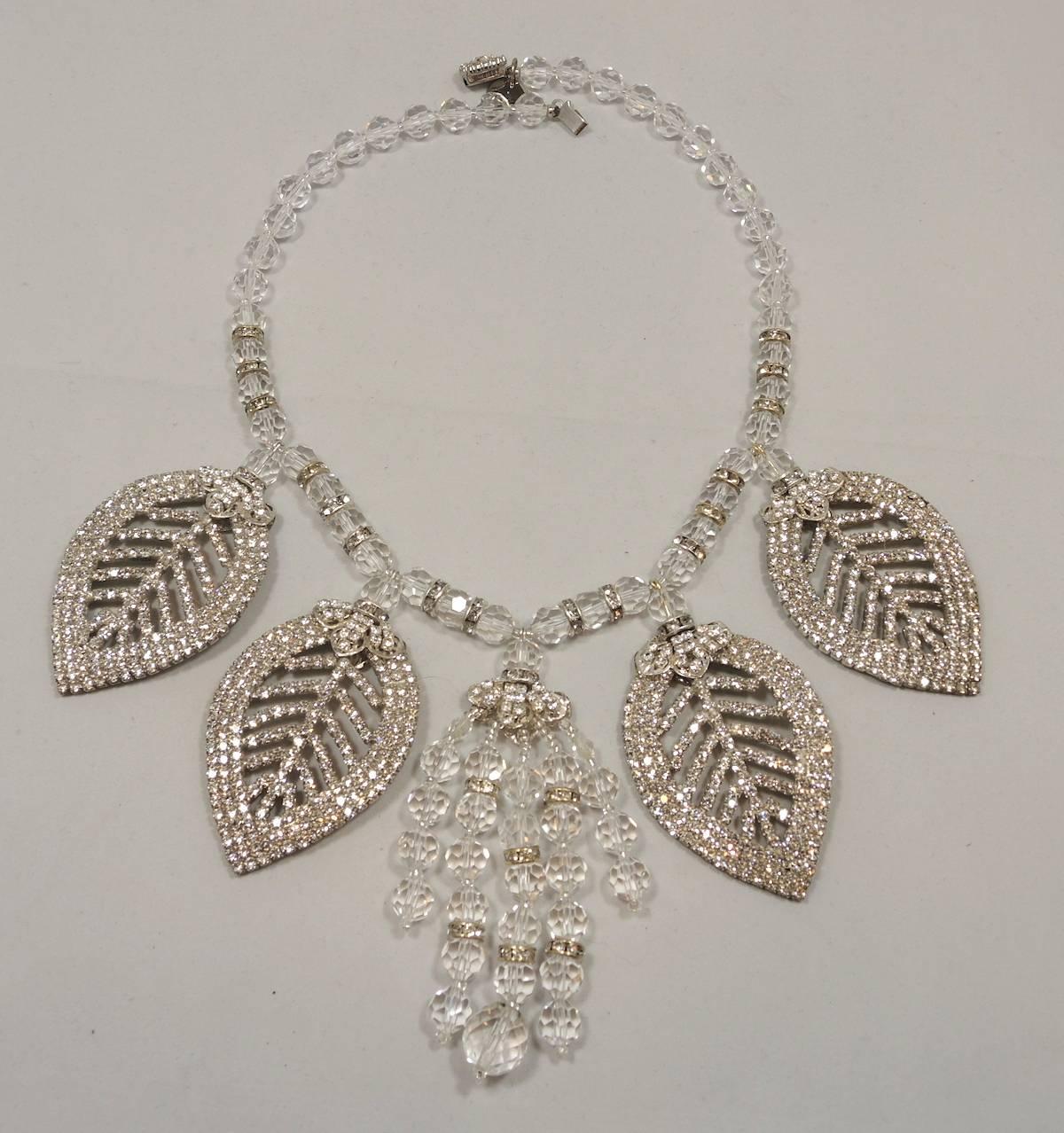 Designer Anka One Of A Kind Rhinestone Crystal Leaf Necklace In Excellent Condition In New York, NY