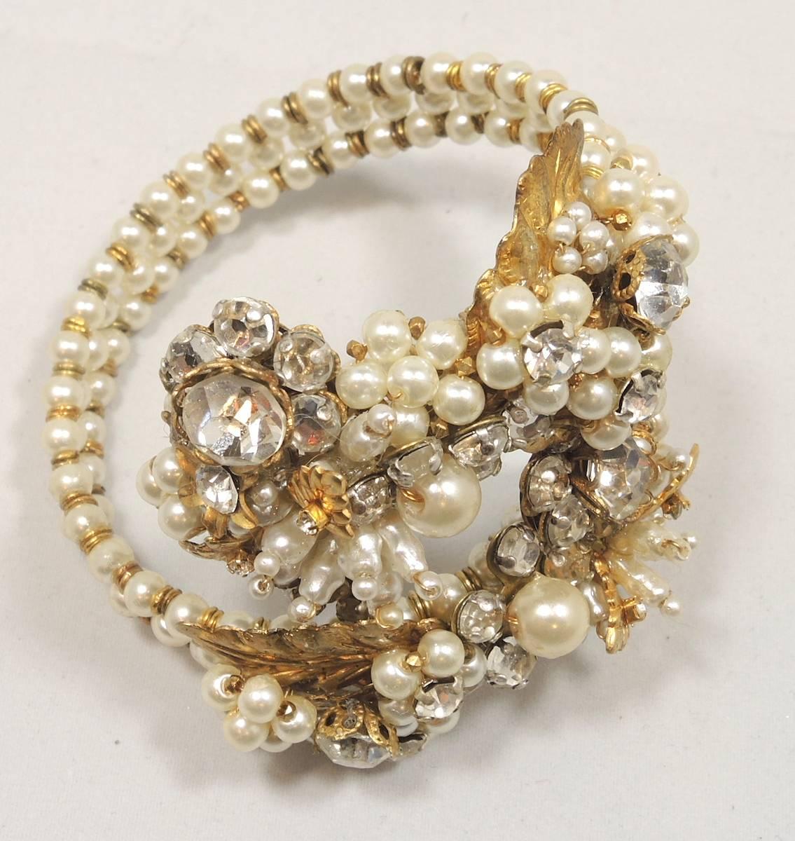 Women's Early Miriam Haskell Faux Pearl Floral Coiled Bracelet