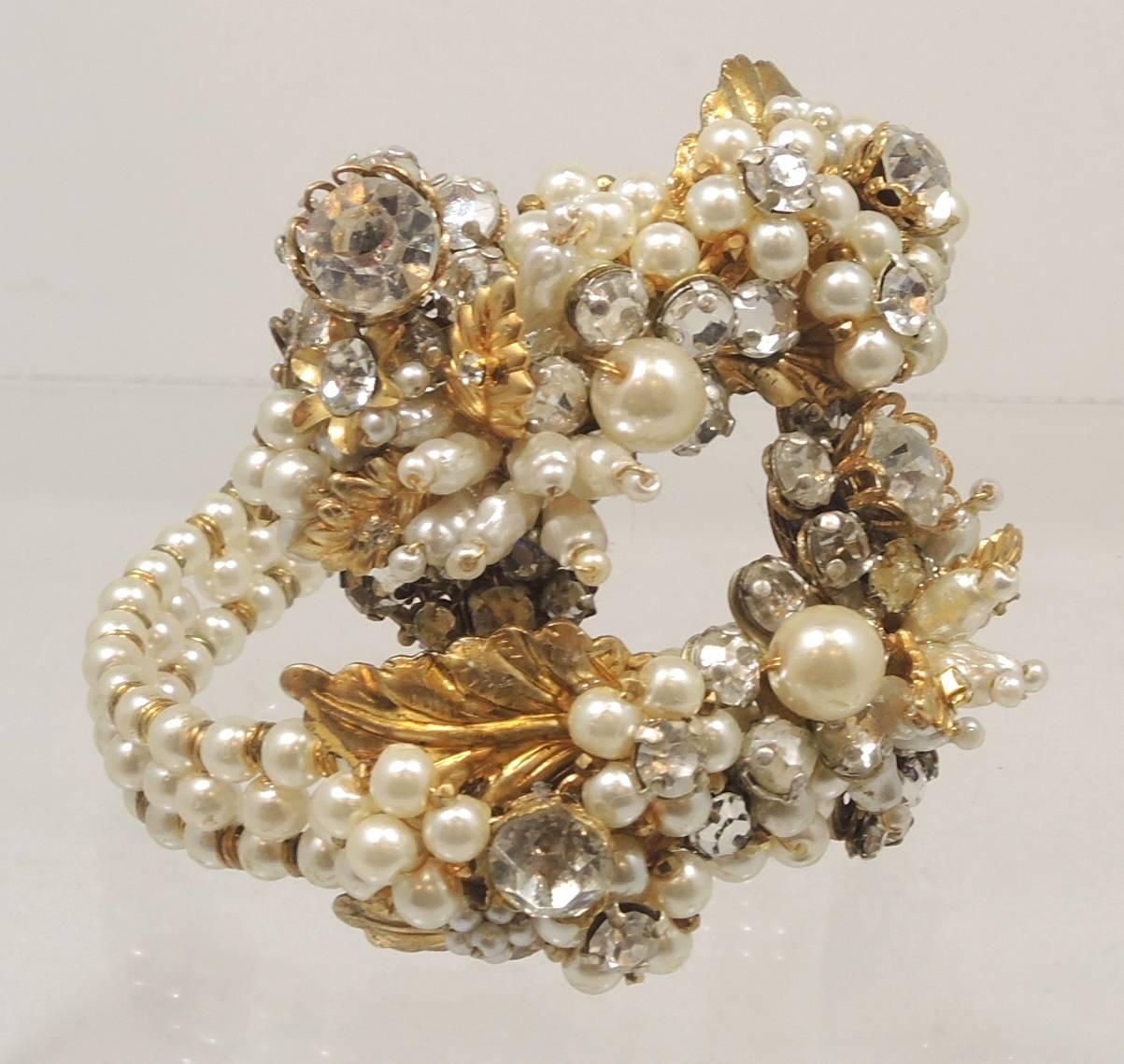 Early Miriam Haskell Faux Pearl Floral Coiled Bracelet In Excellent Condition In New York, NY
