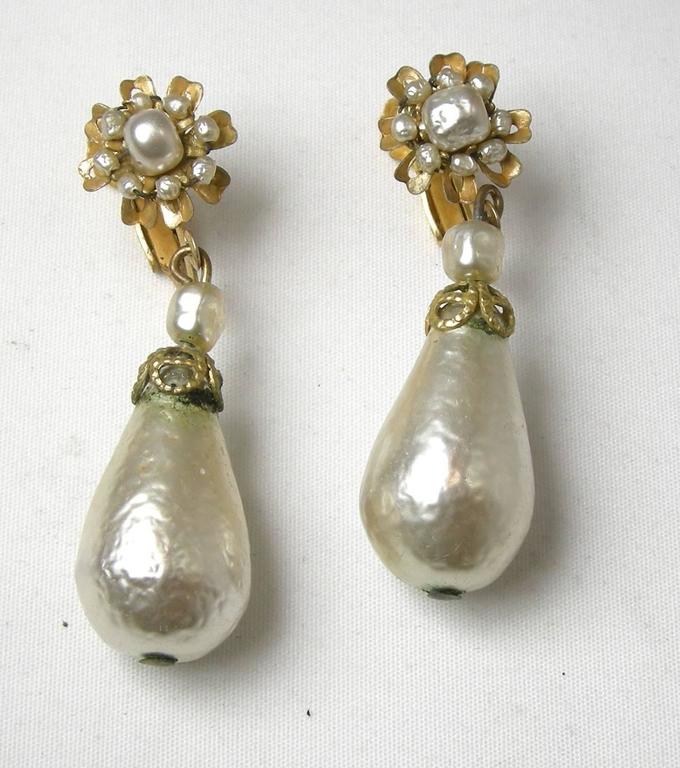 Vintage Miriam Haskell Huge Baroque Style Pearl Vintage Clip Earrings