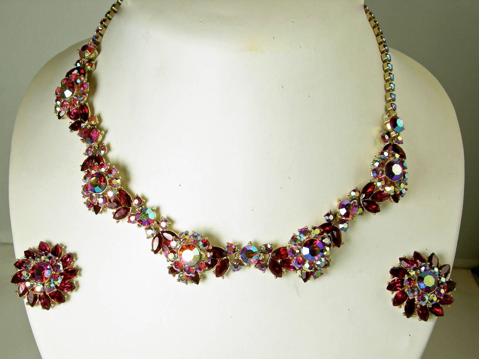 Trifari Vintage Red Aurora Borealis Necklace and Earrings Set For Sale ...