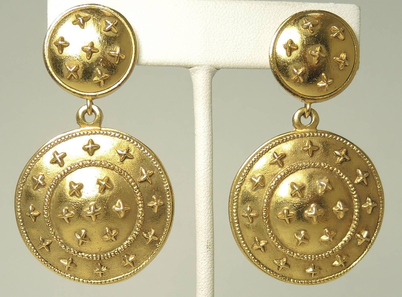 Vintage Chanel Double Disk Round Drop Earrings For Sale 1
