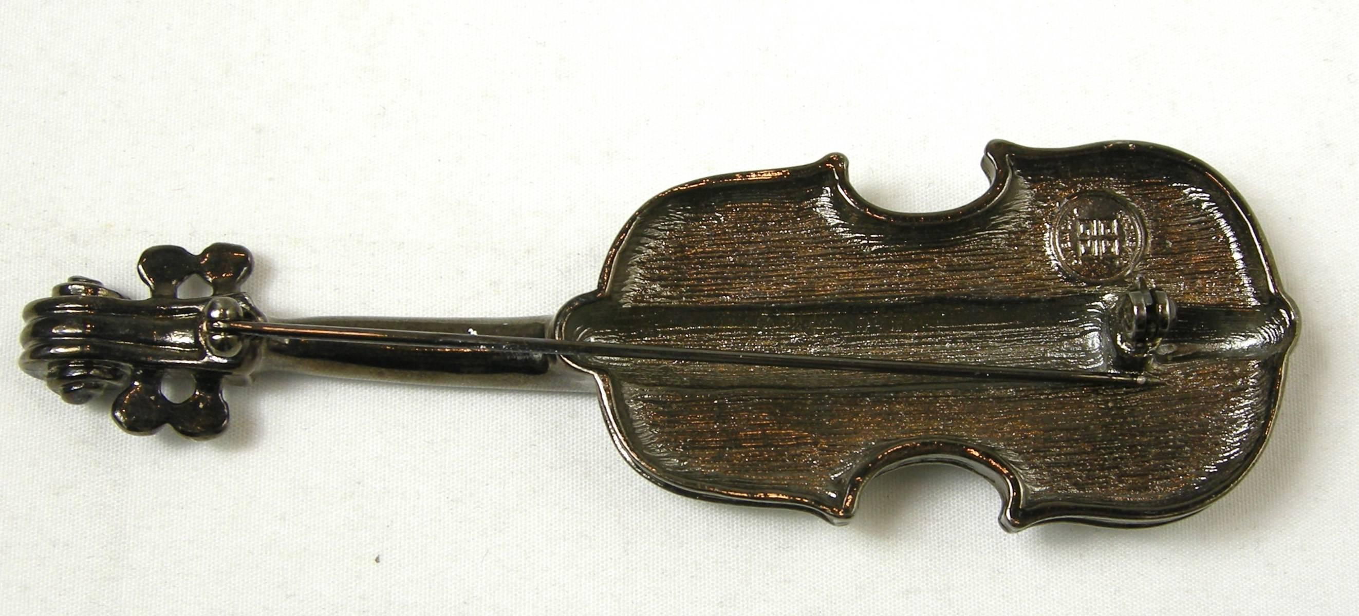 Women's or Men's Givenchy Paris Gunmetal Violin Brooch, 1970s  For Sale