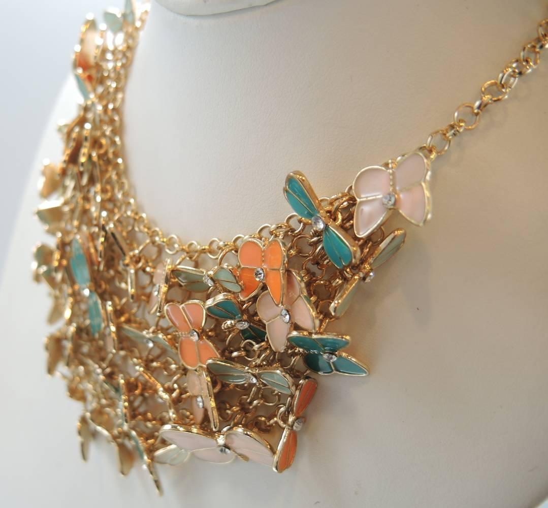 Mischievous Beautiful Coral & Mint Enameled Butterfly Neck In Excellent Condition For Sale In New York, NY