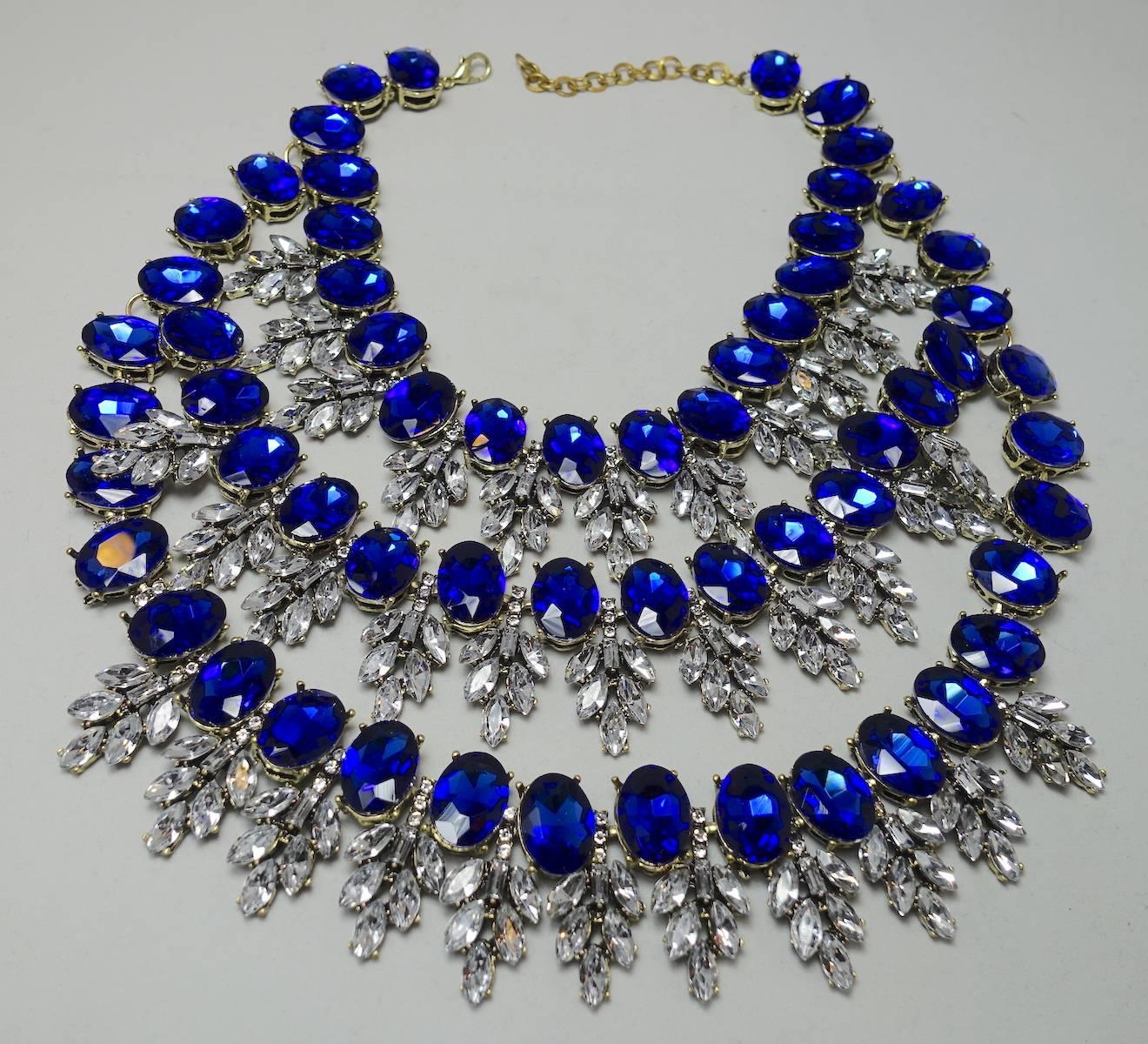 MASSIVE Cobalt Blue & Sparkling Ice Rhinestone Drippy Glass Bib Necklac In Excellent Condition In New York, NY