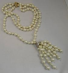 Designer Anka Triple Strand Pearl Drop Tassel Necklace