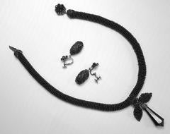 Rare Vintage 1950s Miriam Haskell Black Jet Beaded Drop Necklace & Earring Set