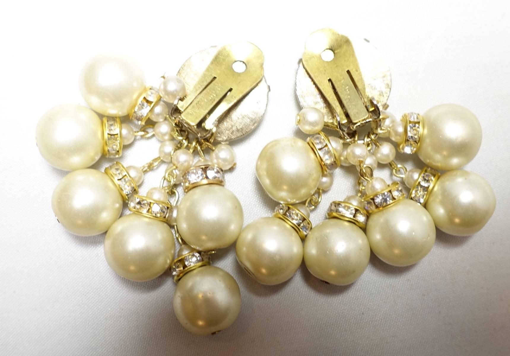 DeMario Vintage Faux Pearl and Crystal Earrings In Excellent Condition For Sale In New York, NY