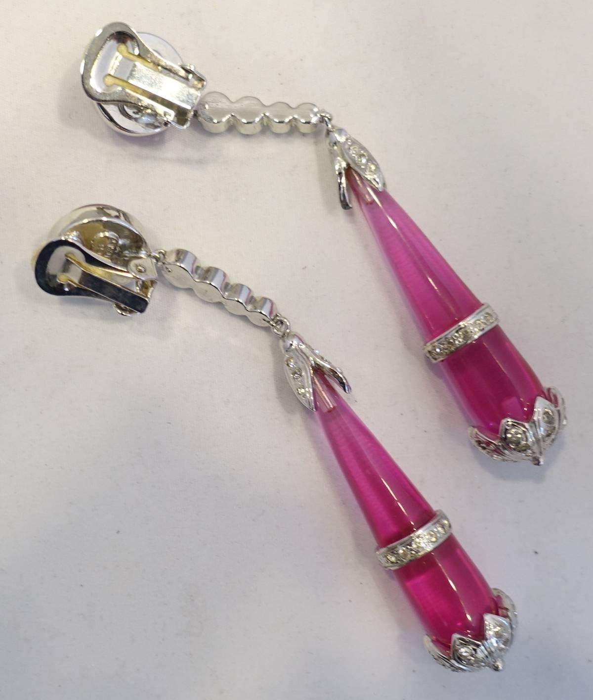 Huge 4” Hot Pink & Crystal Dangling Earrings In Excellent Condition In New York, NY