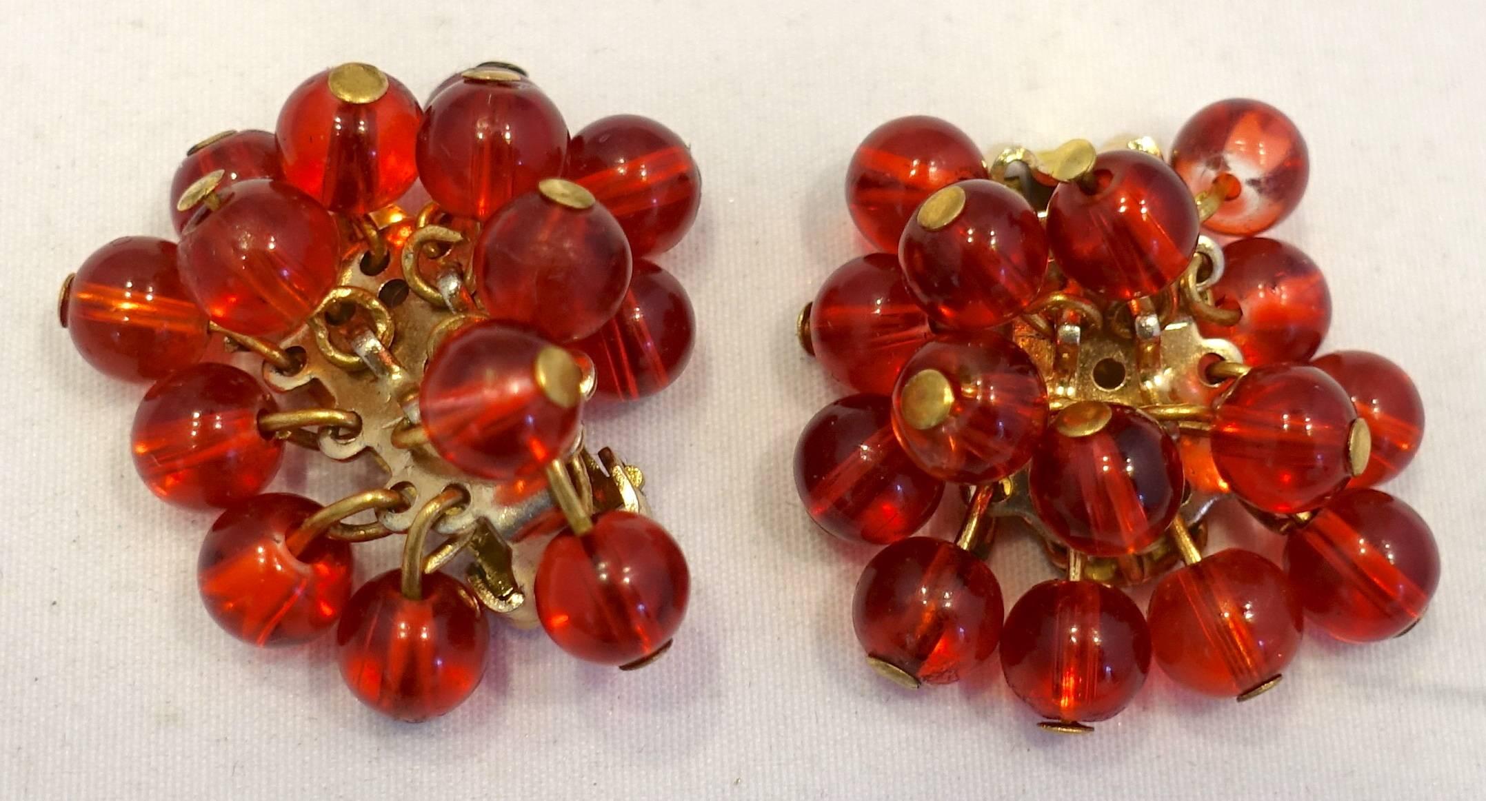DeMario Signed Vintage Red Bead Earrings, 1950s  In Excellent Condition In New York, NY