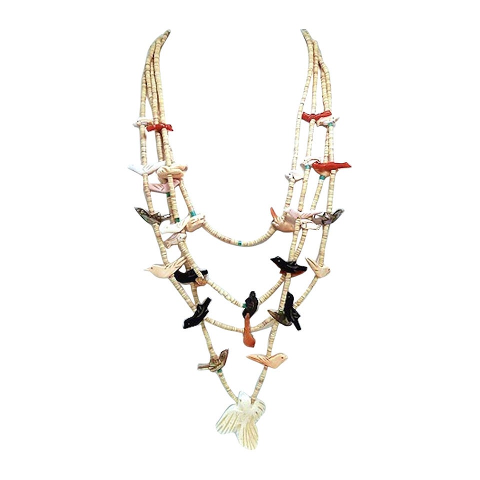 Vintage Native American Zuni Fetish 4-Strand Necklace Coral Shell Birds