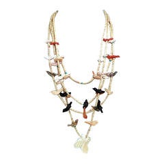 Retro Native American Zuni Fetish 4-Strand Necklace Coral Shell Birds
