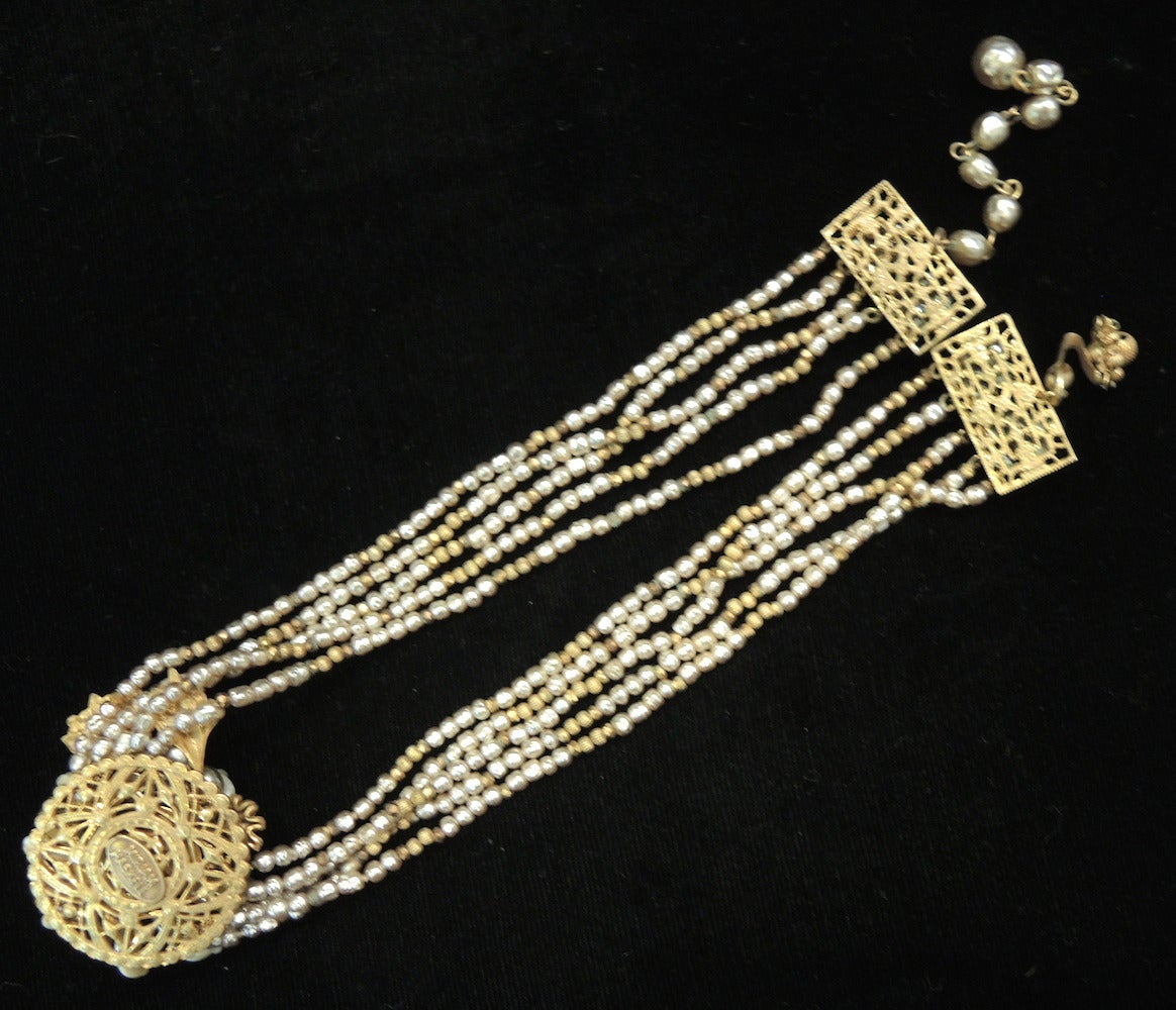 Vintage Signed Miriam Haskell Multi-Strand Faux Pearl Floral Necklace In Excellent Condition In New York, NY