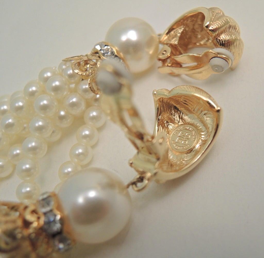 Vintage Signed Givenchy Faux Pearl & Rhinestone Earrings In Excellent Condition In New York, NY