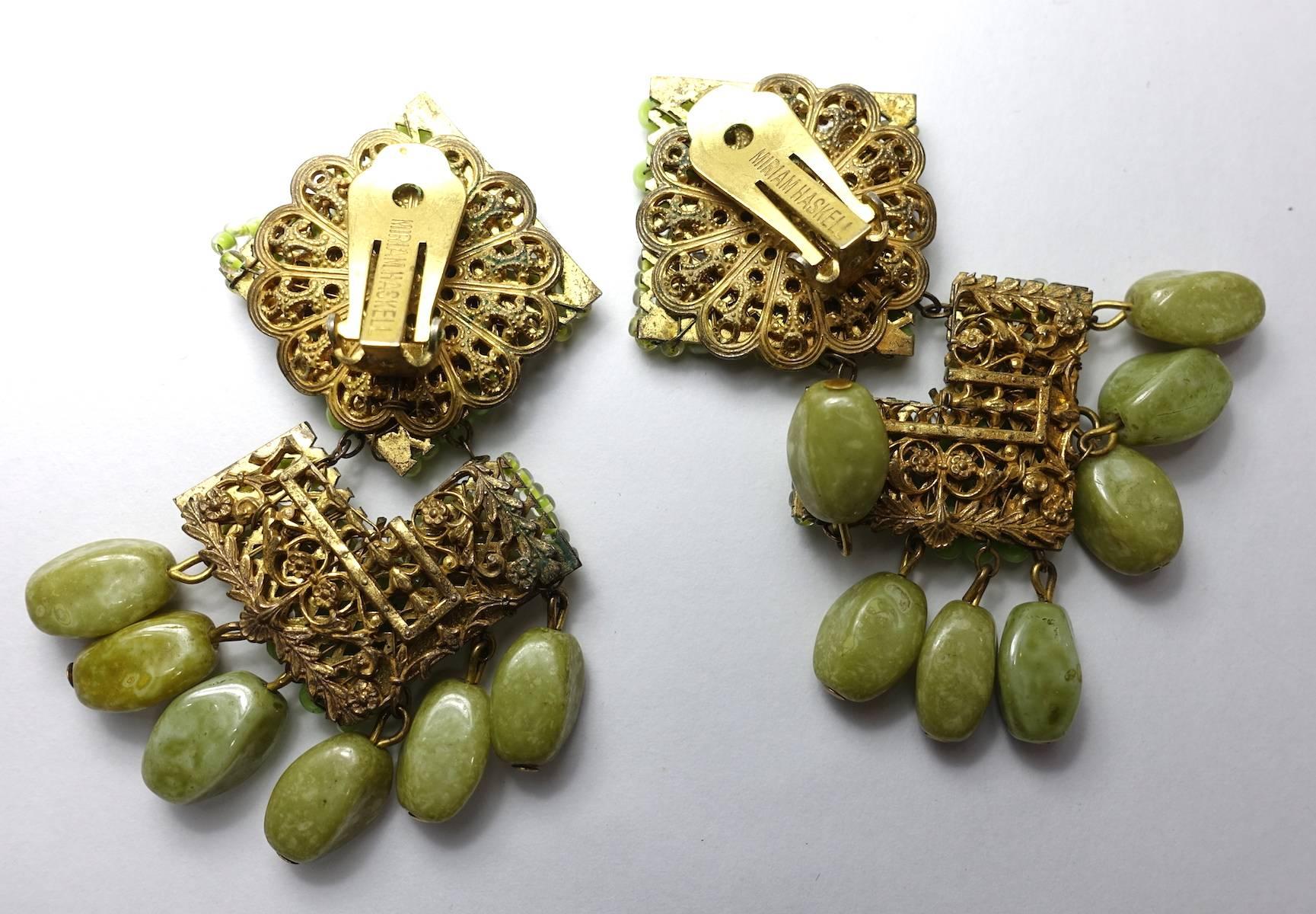 Vintage 1950s Miriam Haskell Peridot Color Bead Drop Earrings In Excellent Condition In New York, NY