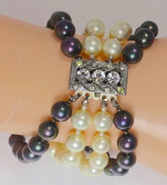 Vintage West German White & Gray Faux Pearl 4-Strand Bracelet